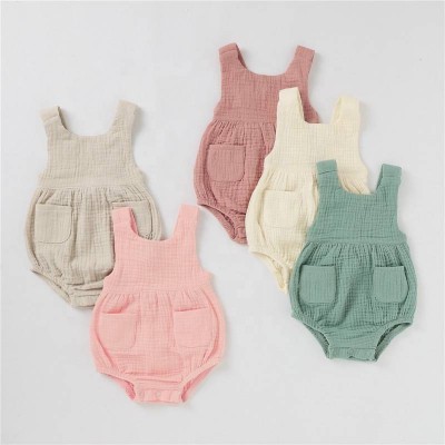 Summer Organic Cotton Muslin Baby Clothes Sleeveless Romper Strap Pants With Pocket Solid Baby Bodysuit