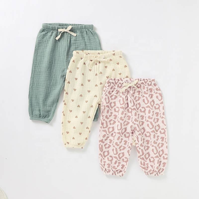 Custom Eco-friendly Summer Fashion Organic Cotton Muslin Baby Pants Toddlers Casual Trousers